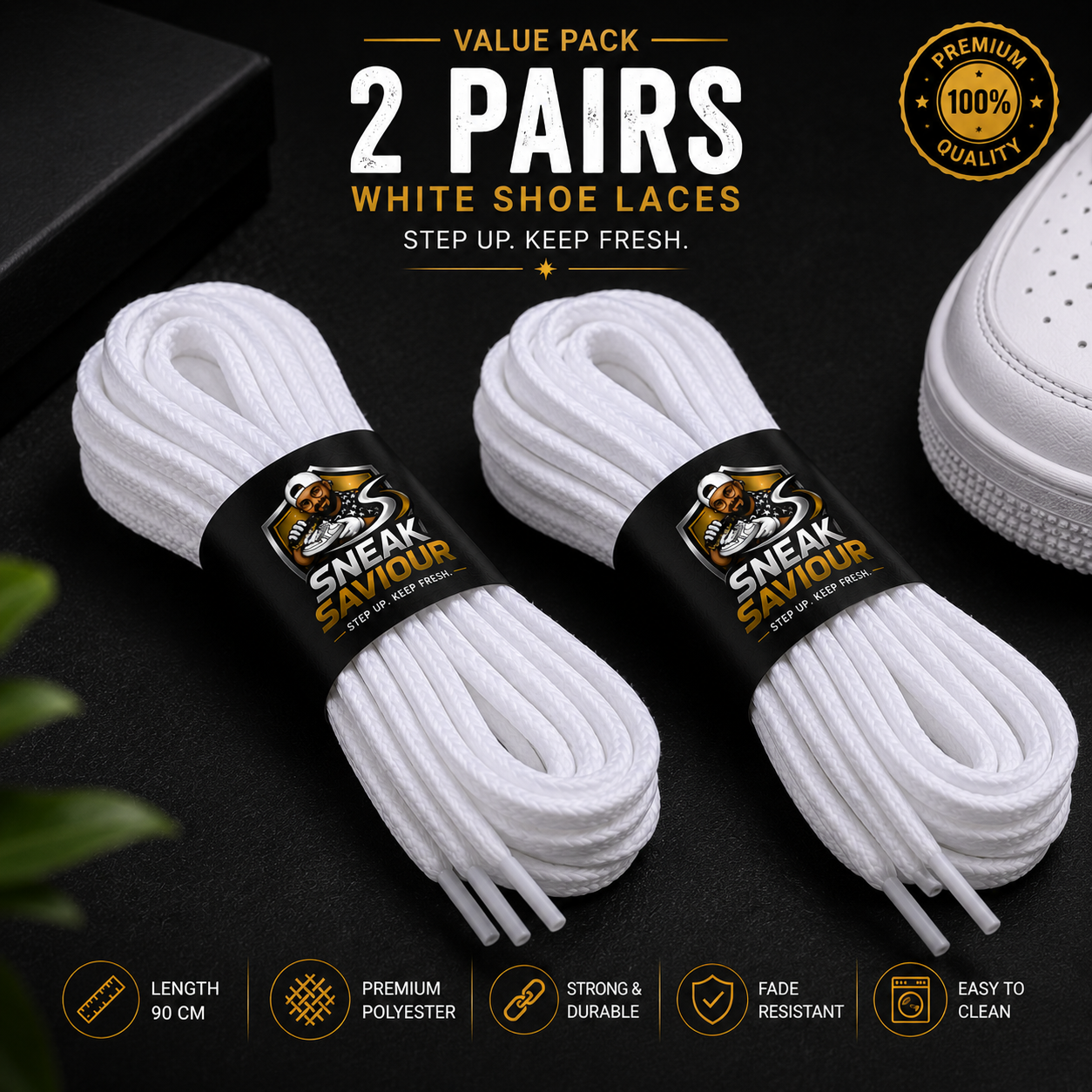 Sneak Saviour White Shoe Laces (2 Pairs) – 90CM Premium Sneaker Laces for All Shoes
