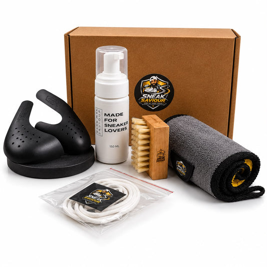 Sneak Saviour Complete Sneaker Care Kit | 4-in-1 Shoe Cleaning Kit with Dual Action Foam, Wooden Brush, Microfiber Cloth & Crease Protector