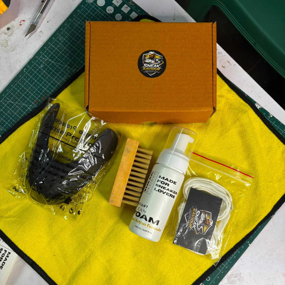 Sneak Saviour Complete Sneaker Care Kit | 4-in-1 Shoe Cleaning Kit with Dual Action Foam, Wooden Brush, Microfiber Cloth & Crease Protector