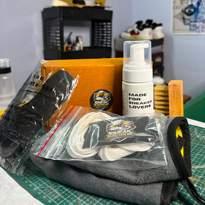 Sneak Saviour Complete Sneaker Care Kit | 4-in-1 Shoe Cleaning Kit with Dual Action Foam, Wooden Brush, Microfiber Cloth & Crease Protector